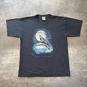 Vtg 90s Alore Dolphin Moon T Shirt L Navy Single Stitch Nature Ocean Quote